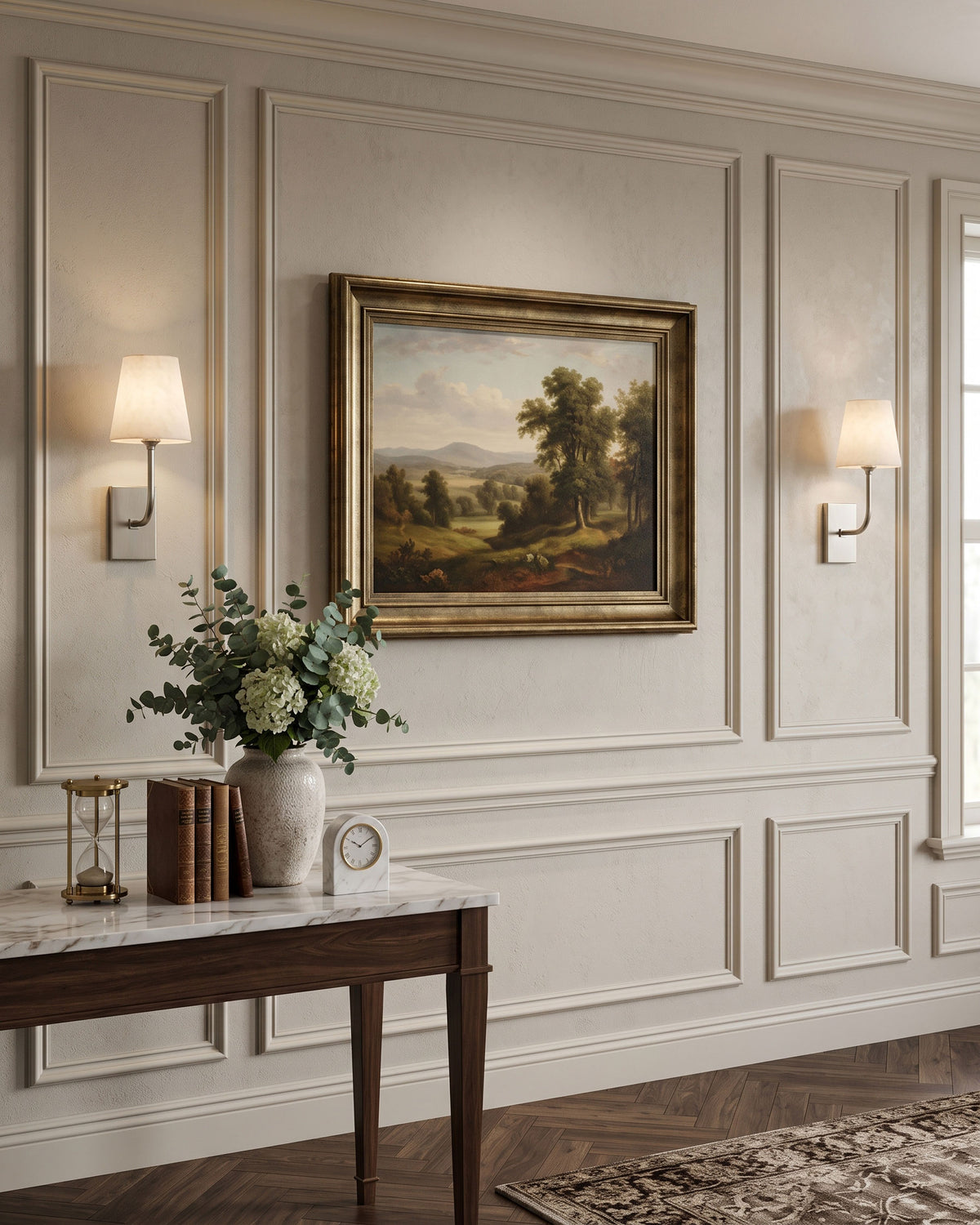 Bronson Alabaster Wall Sconce lit in a room setting