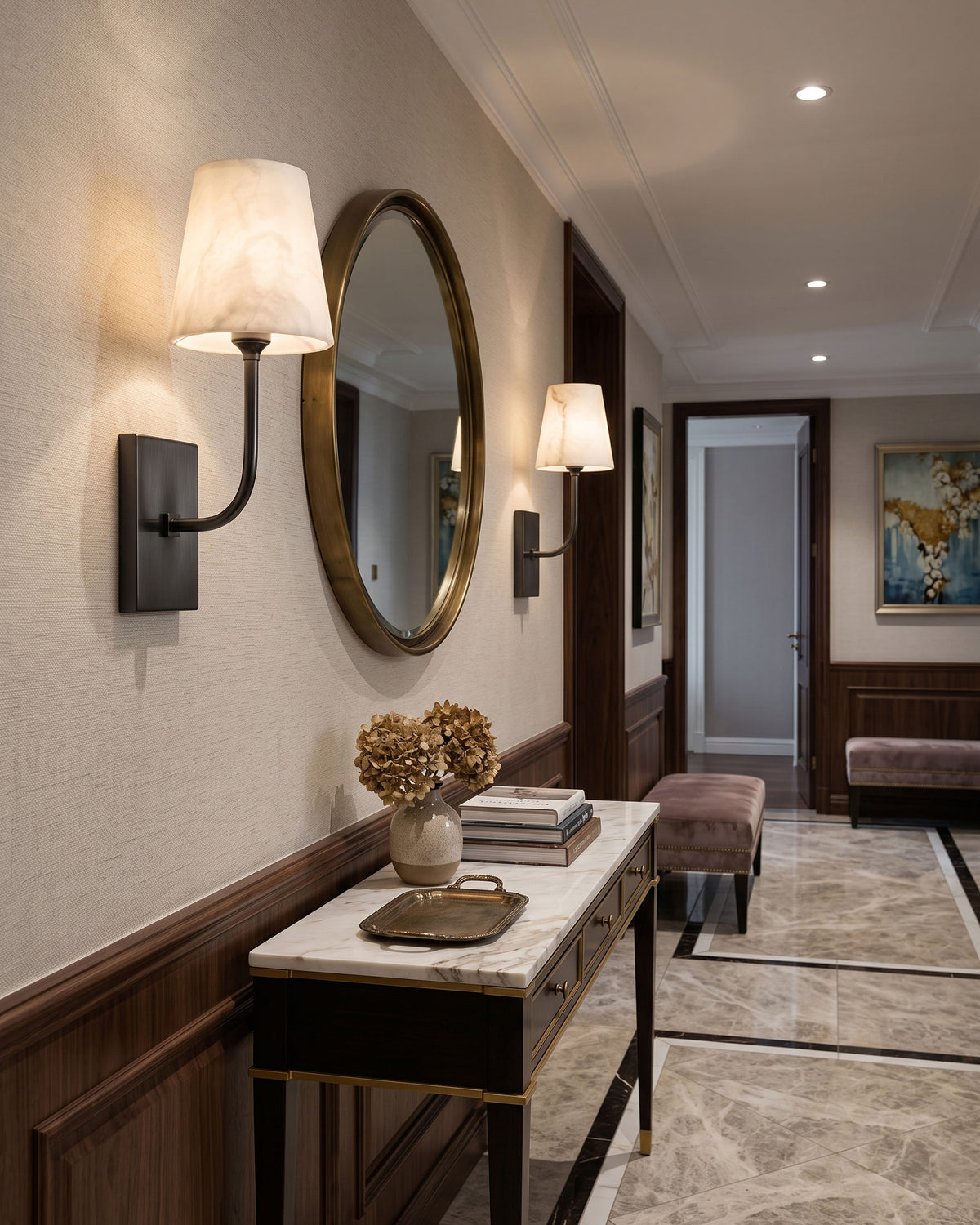 Bronson Alabaster Wall Sconce curved arm and backplate detail