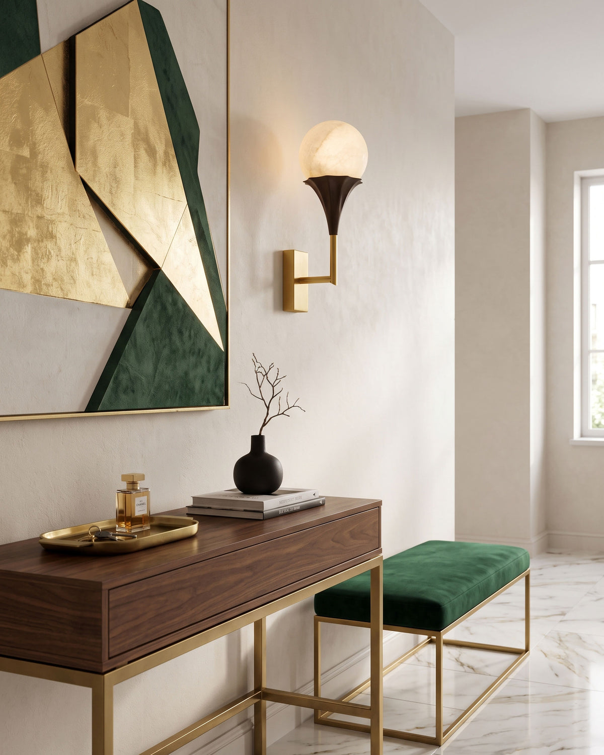 Corliss Alabaster Globe Wall Sconce flanking a mirror