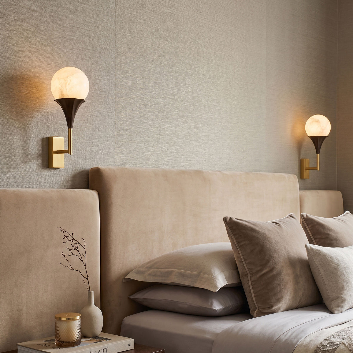 Corliss Alabaster Globe Wall Sconce brass and bronze mount detail