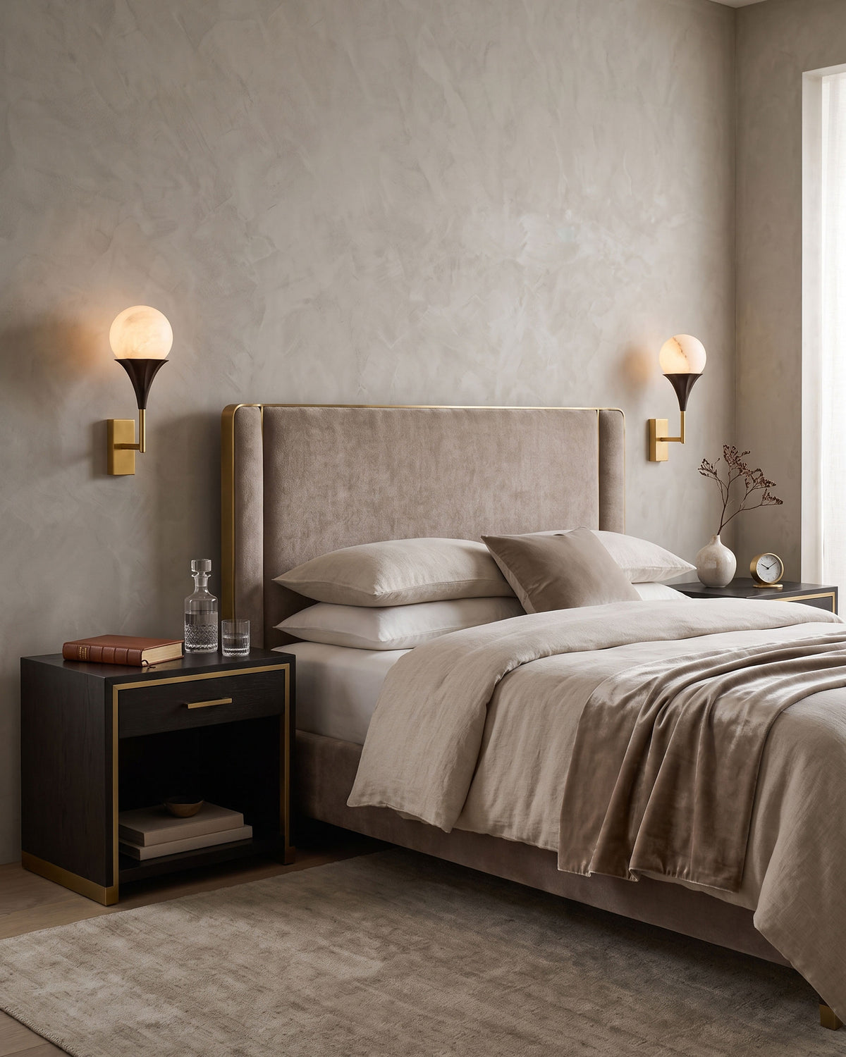 Corliss Alabaster Globe Wall Sconce lit in a room setting