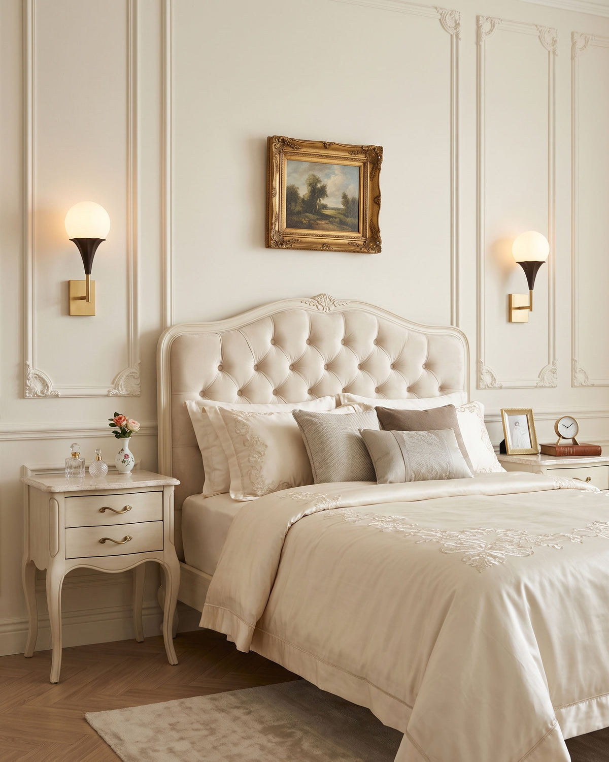 Corliss Opal Globe Wall Sconce lit in a room setting