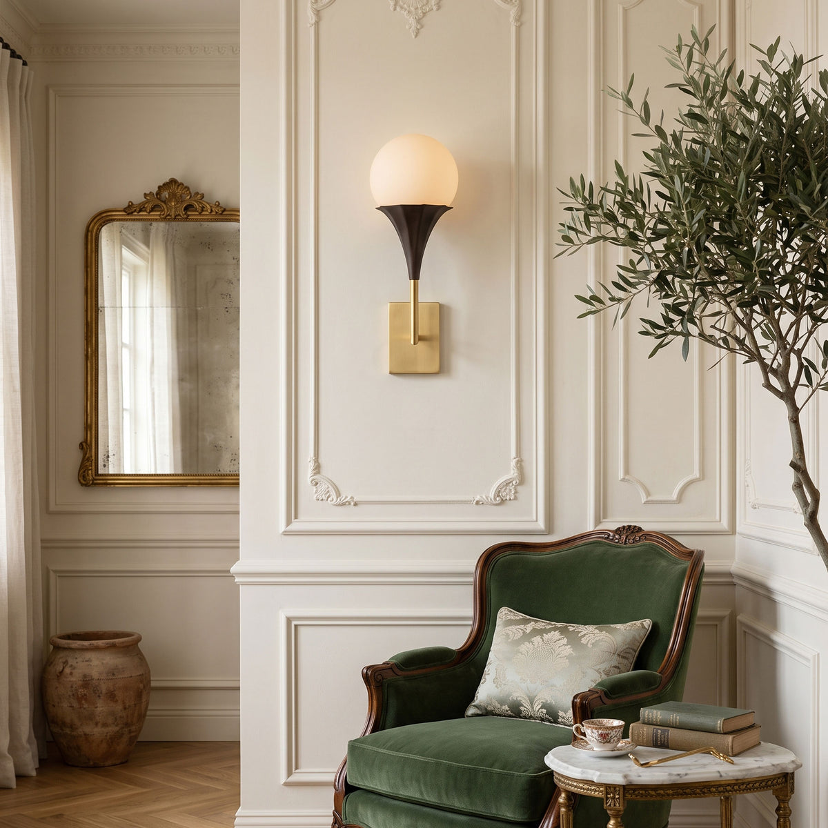Corliss Opal Globe Wall Sconce bronze chalice and brass backplate detail