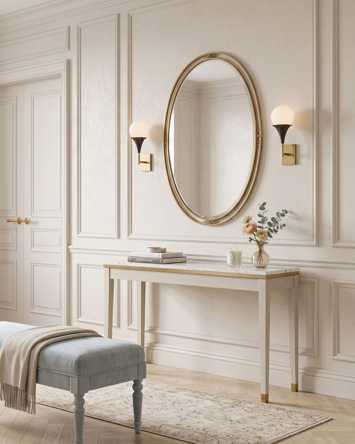 Corliss Opal Globe Wall Sconce flanking a mirror