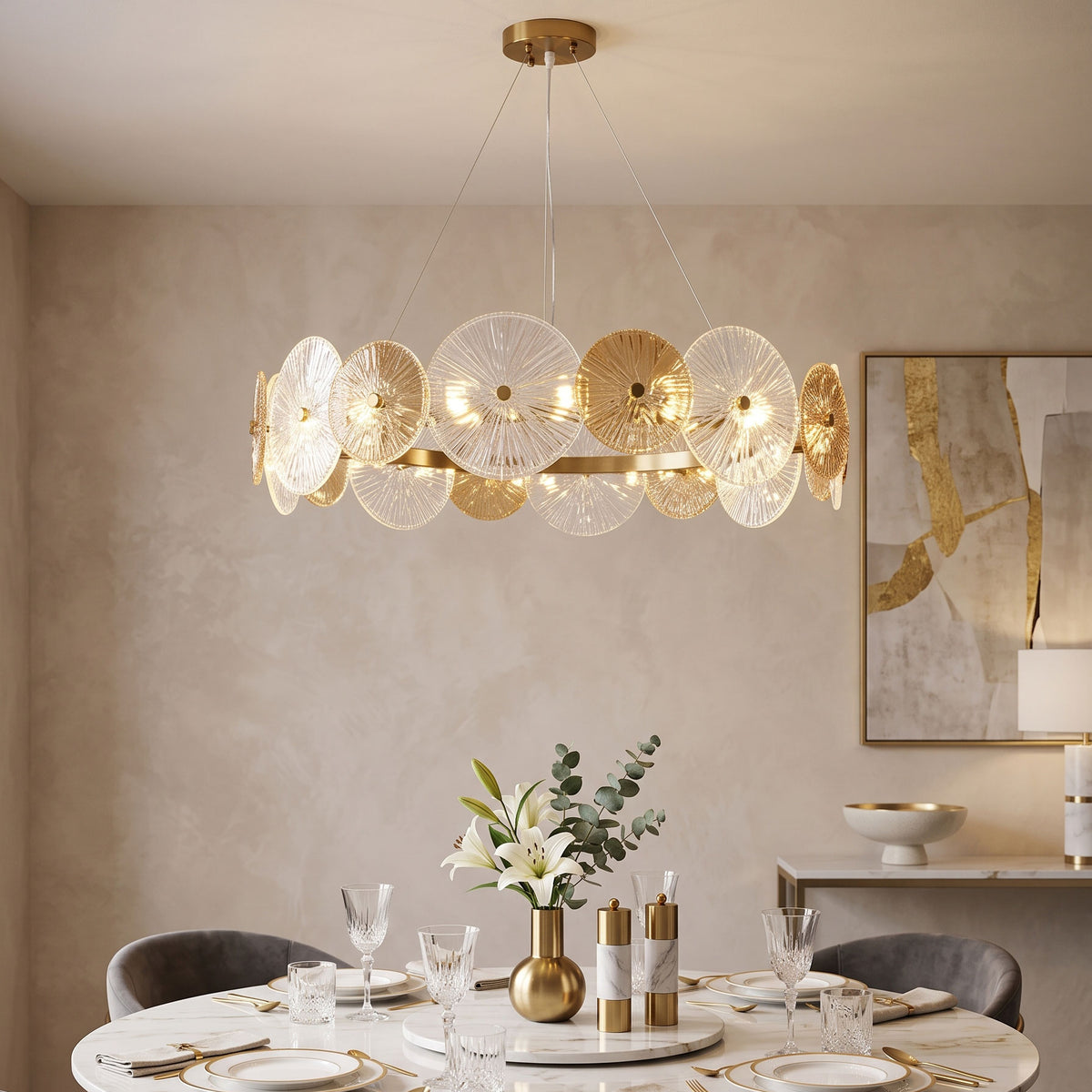 Whitaker Glass Disc Chandelier fluted glass medallion detail