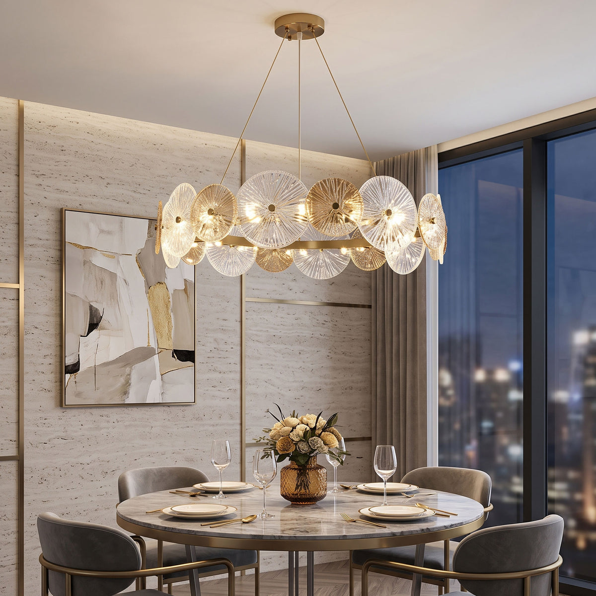 Whitaker Glass Disc Chandelier installed over a dining table