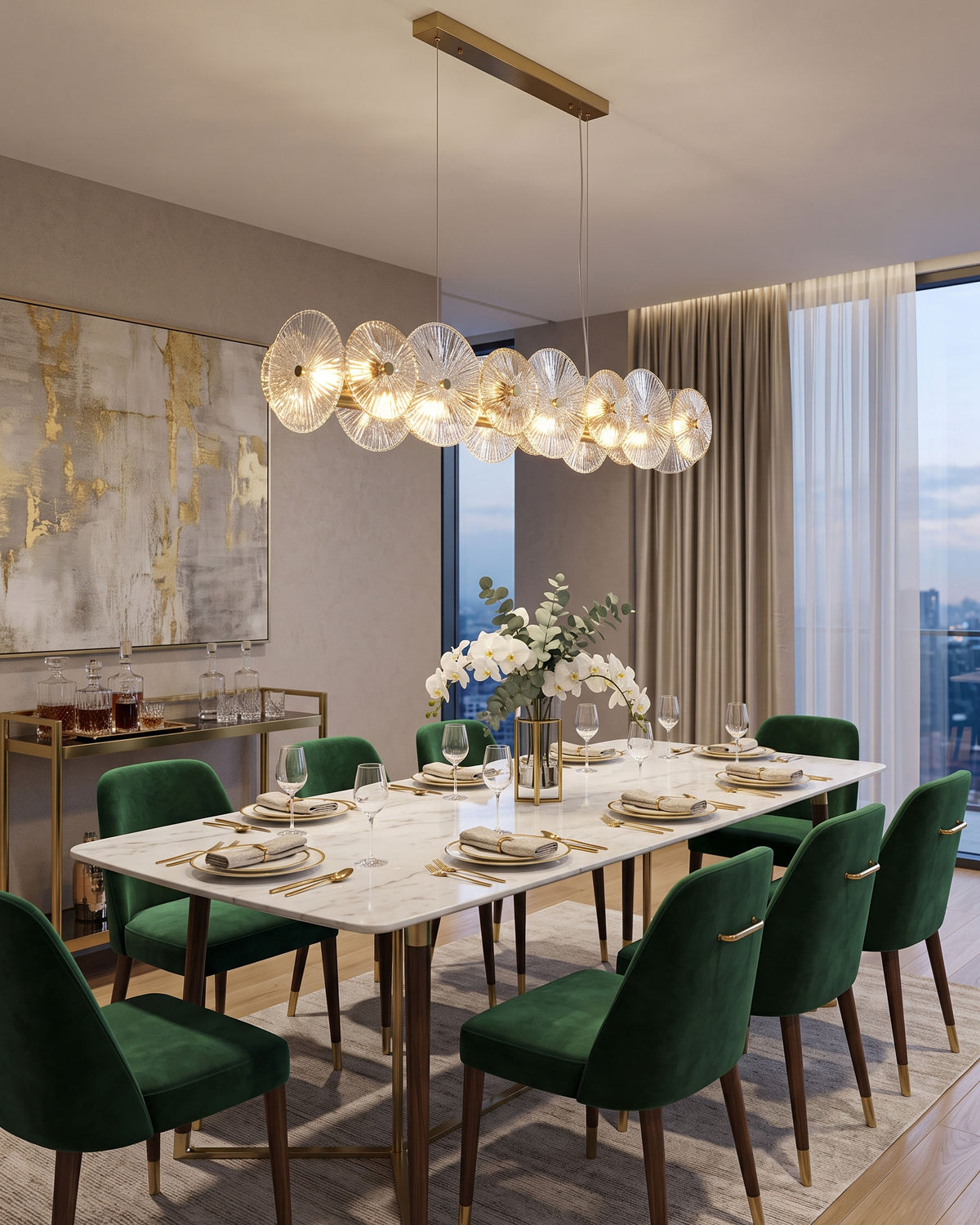 Whitaker Glass Disc Chandelier brushed brass frame detail